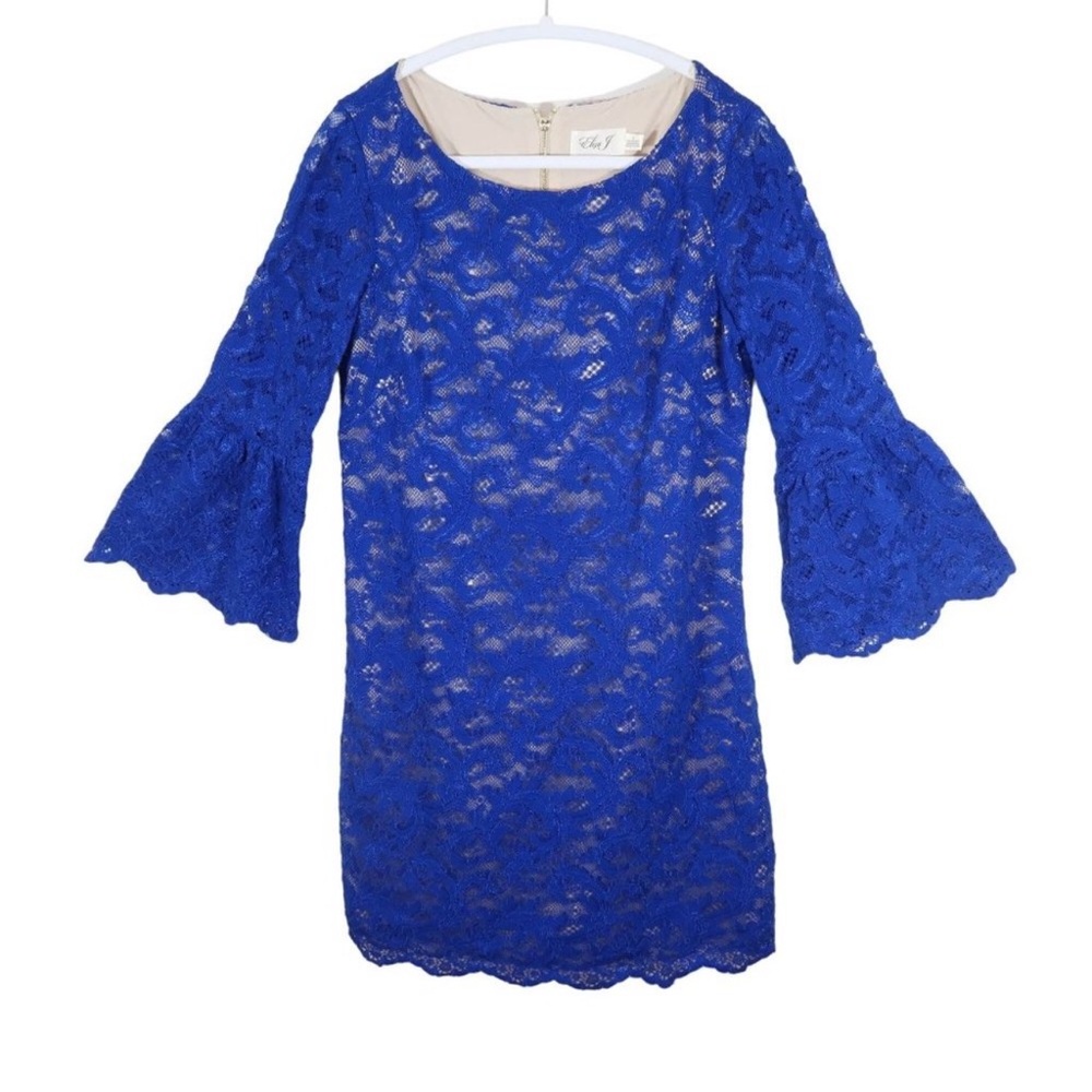 ELIZA J Size 4 Cobalt/Royal Blue Lace Bell Sleeve Exposed Zip Sheath Dress